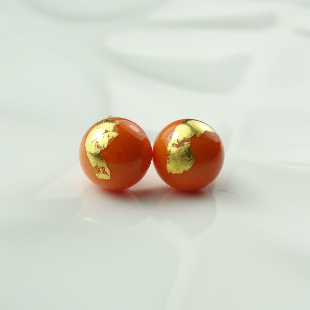 Handcrafted orange with gold leaf fused glass stud earrings with surgical steel posts/backs, in a gift box (HC-GF3)