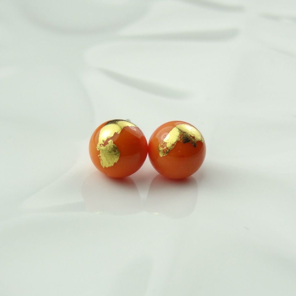 Handcrafted orange with gold leaf fused glass stud earrings with surgical steel posts/backs, in a gift box (HC-GF3)