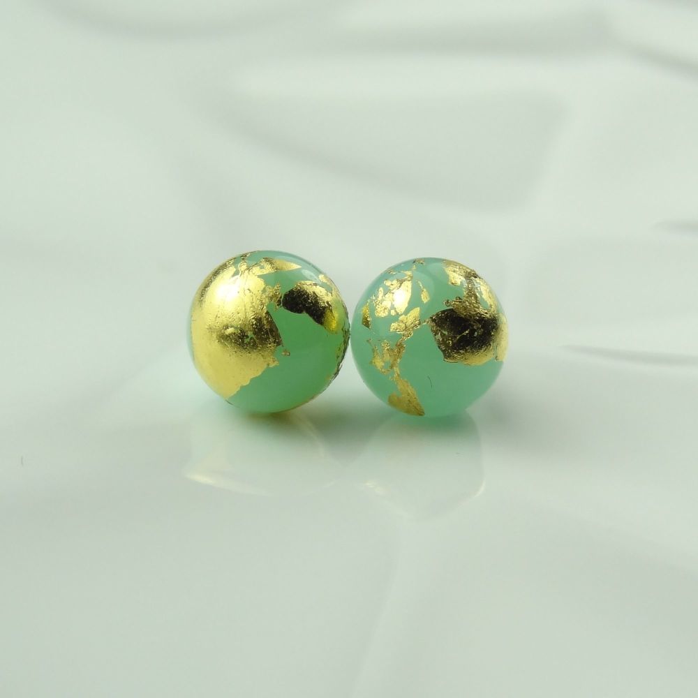 Handcrafted pale turquoise with gold leaf fused glass stud earrings