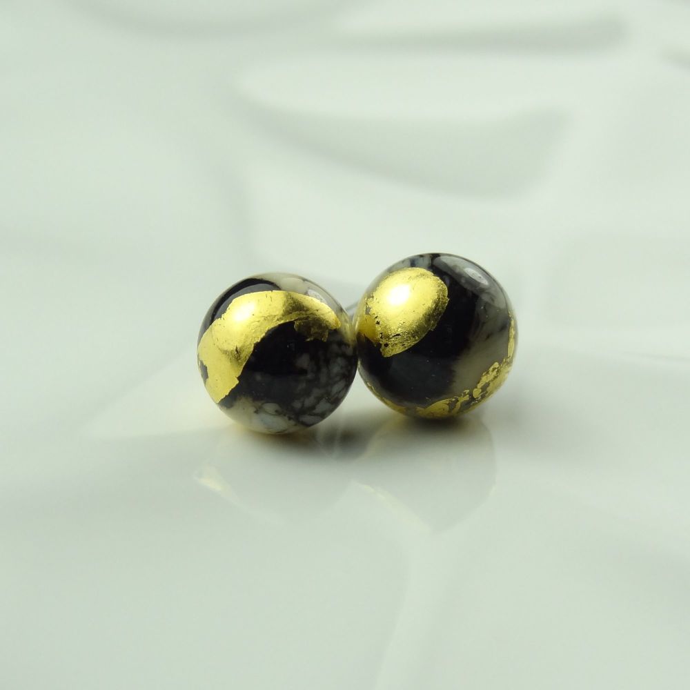 Handcrafted black white & grey with gold leaf fused glass stud earrings with surgical steel posts/backs, in a gift box (HC-GF9)