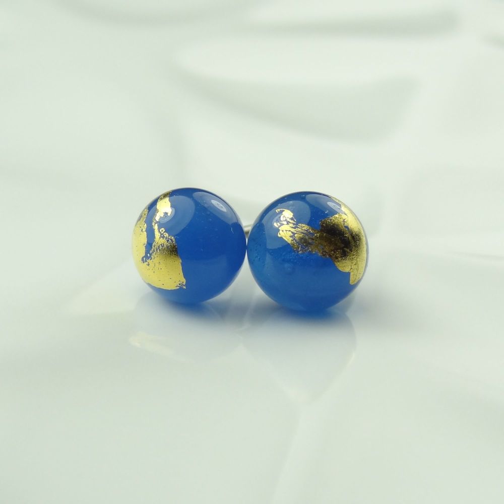 Handcrafted blue with gold leaf fused glass stud earrings with surgical steel posts/backs, in a gift box (HC-GF1)