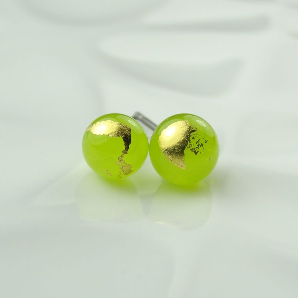 Handcrafted green with gold leaf fused glass stud earrings