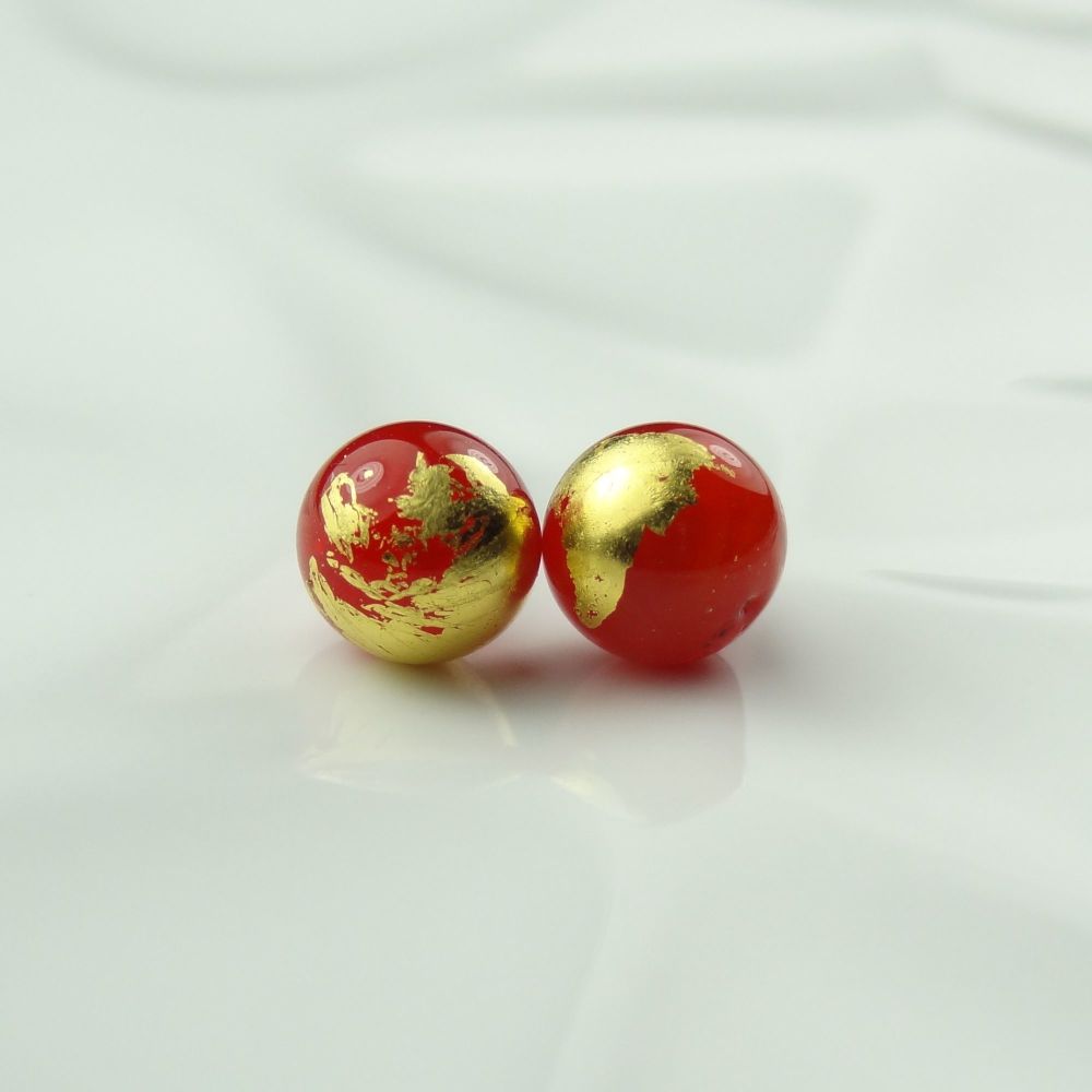 Handcrafted red with gold leaf fused glass stud earrings