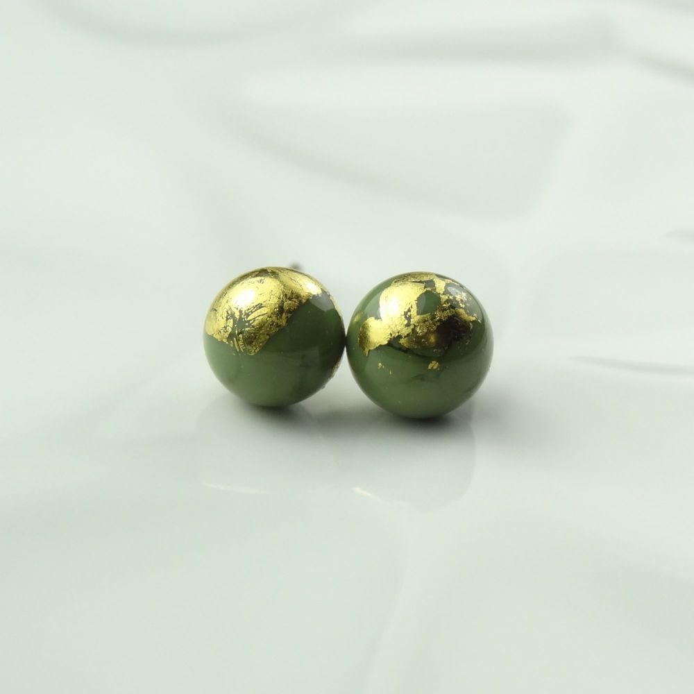 Handcrafted green with gold leaf fused glass stud earrings