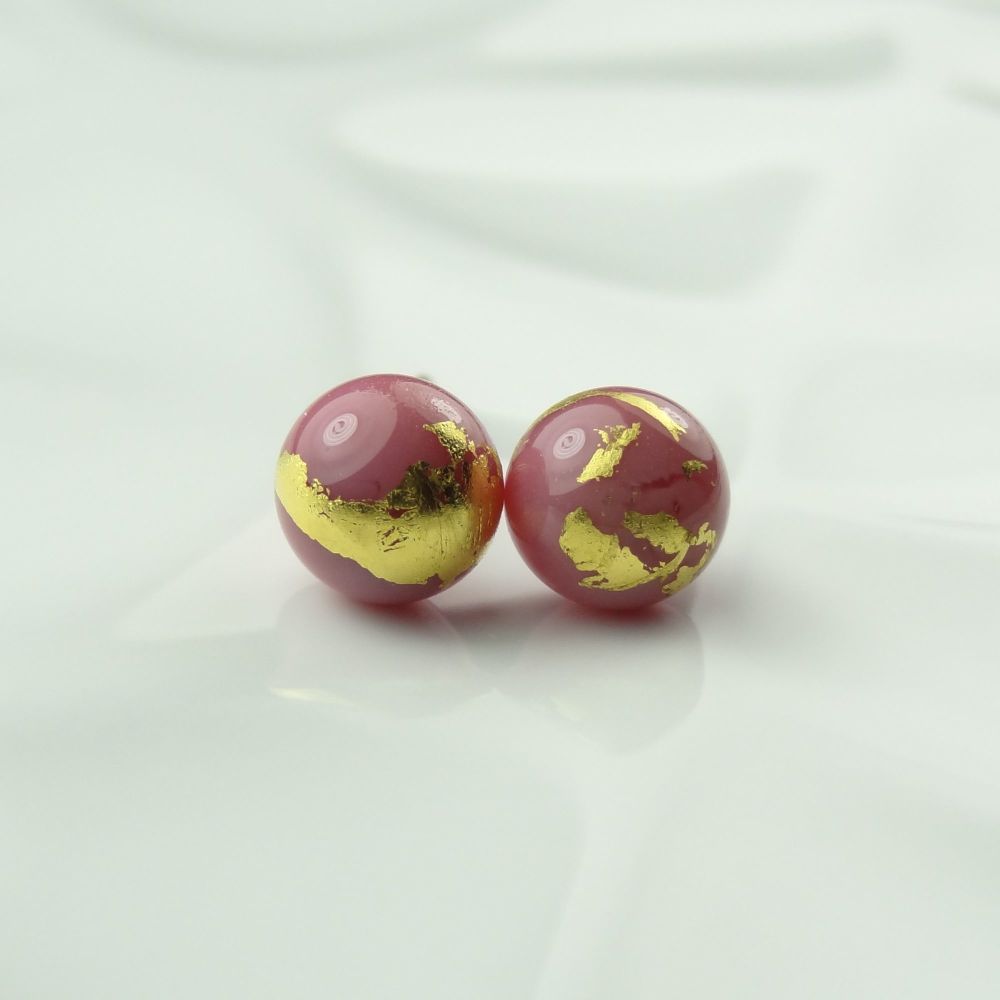 Handcrafted pink with gold leaf fused glass stud earrings