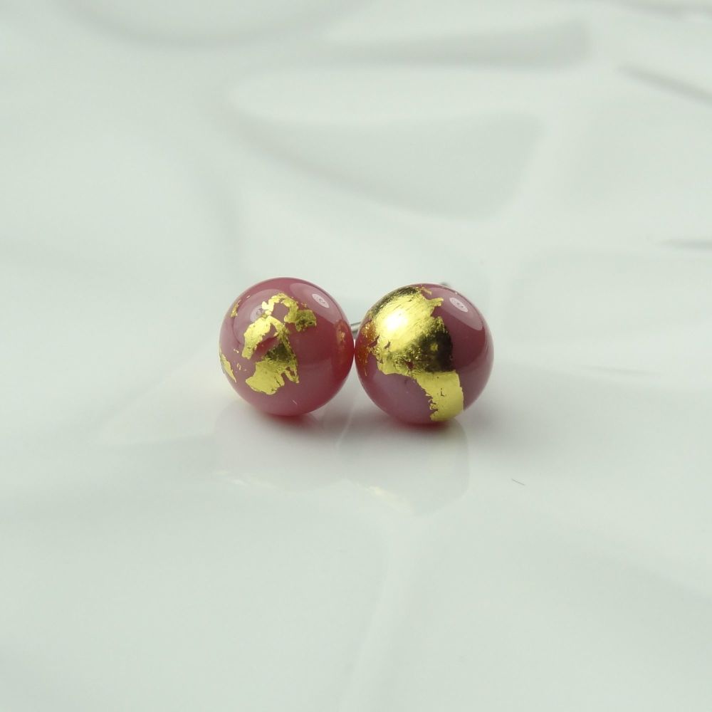 Handcrafted pink with gold leaf fused glass stud earrings with surgical steel posts/backs, in a gift box (HC-GF4)