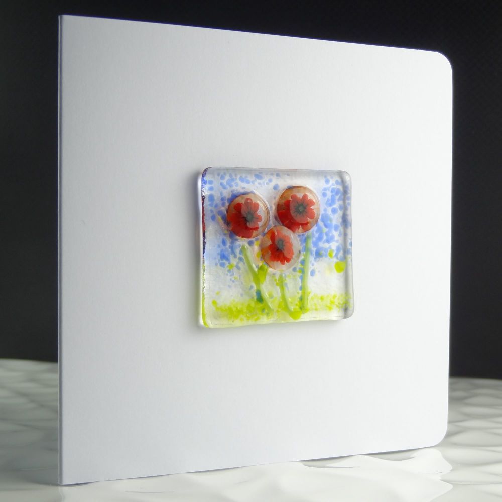 4 inch square handcrafted fused glass art blank greeting card with envelope ~ red flowers ~ small 1.5 inch (+/-) glass (#379)