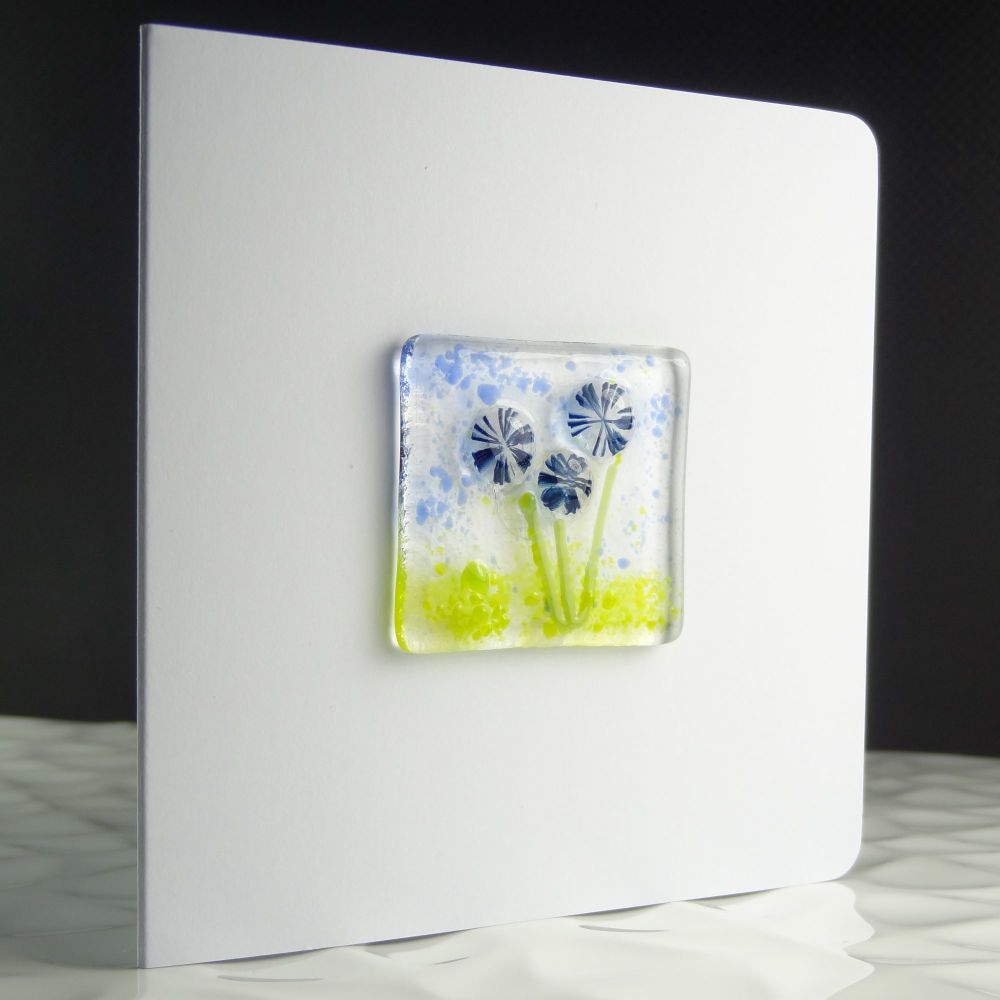 4 inch square handcrafted fused glass art blank greeting card with envelope ~ blue flowers ~ small 1.5 inch (+/-) glass (#331)