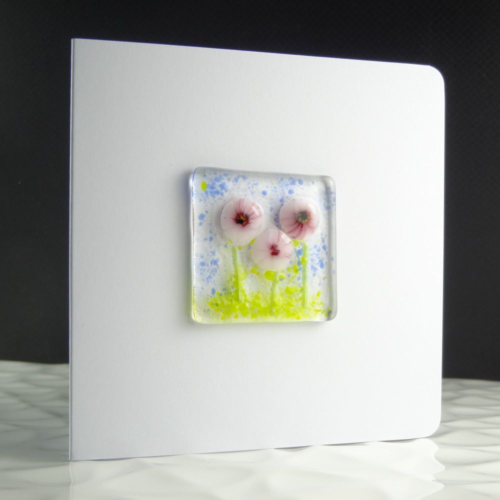 4 inch square handcrafted fused glass art blank greeting card with envelope ~ pink flowers ~ small 1.5 inch (+/-) glass (#359)