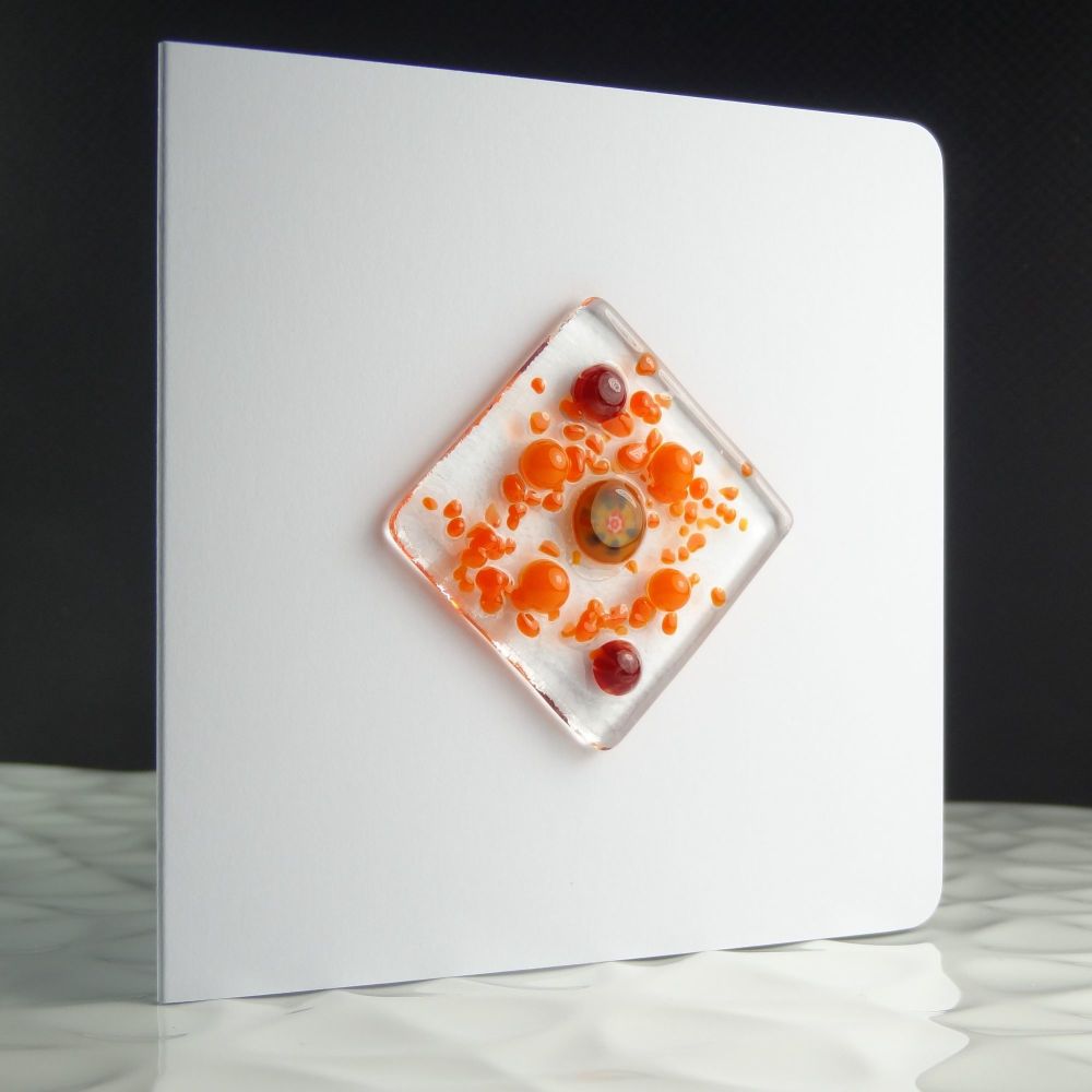 Orange handcrafted fused glass blank greeting card with envelope