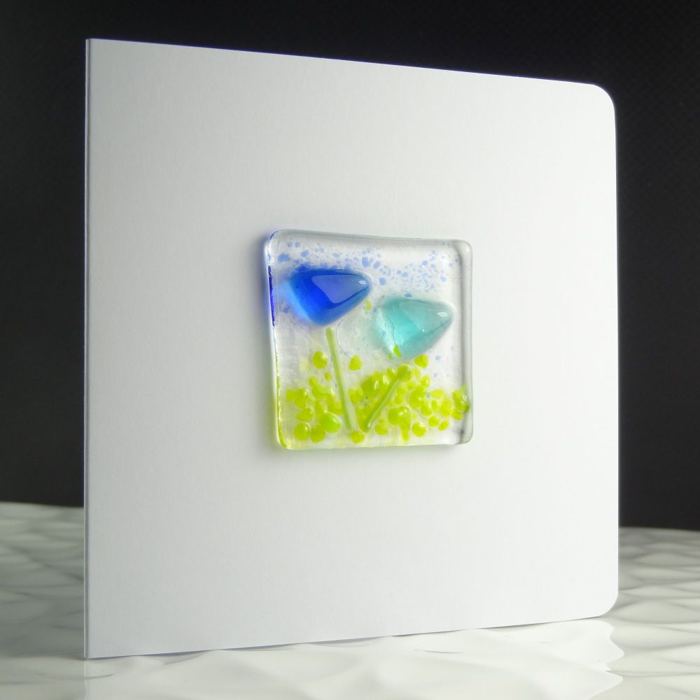 4 inch square handcrafted fused glass art blank greeting card with envelope ~ blue flowers ~ small 1.5 inch (+/-) glass (#87)