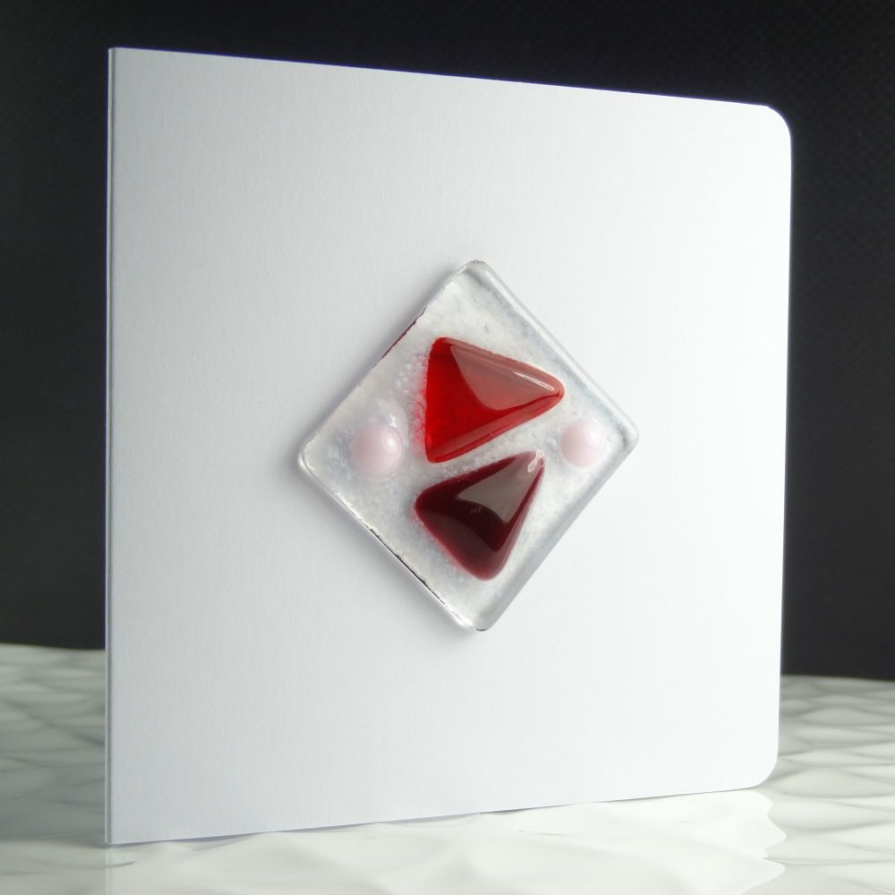 Pink and red handcrafted fused glass blank greeting card with envelope