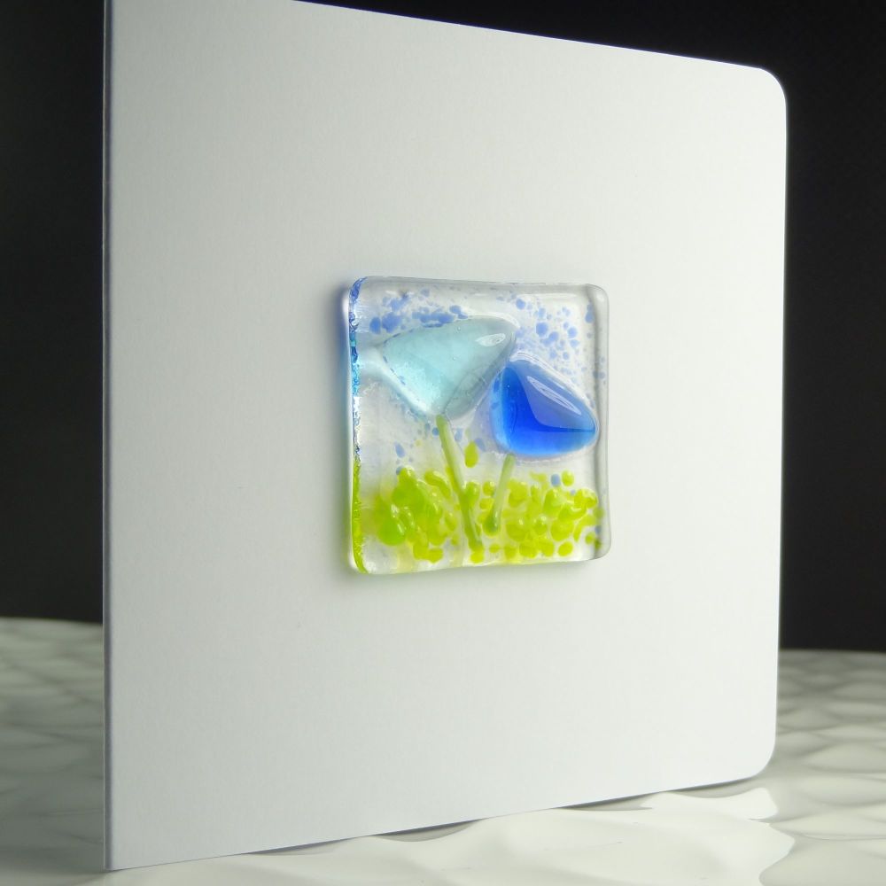 Blue floral handcrafted fused glass blank greeting card with envelope