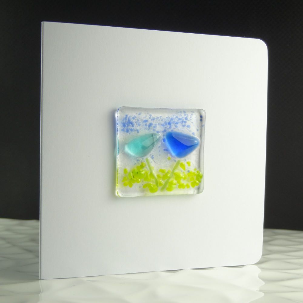 Blue floral handcrafted fused glass blank greeting card with envelope