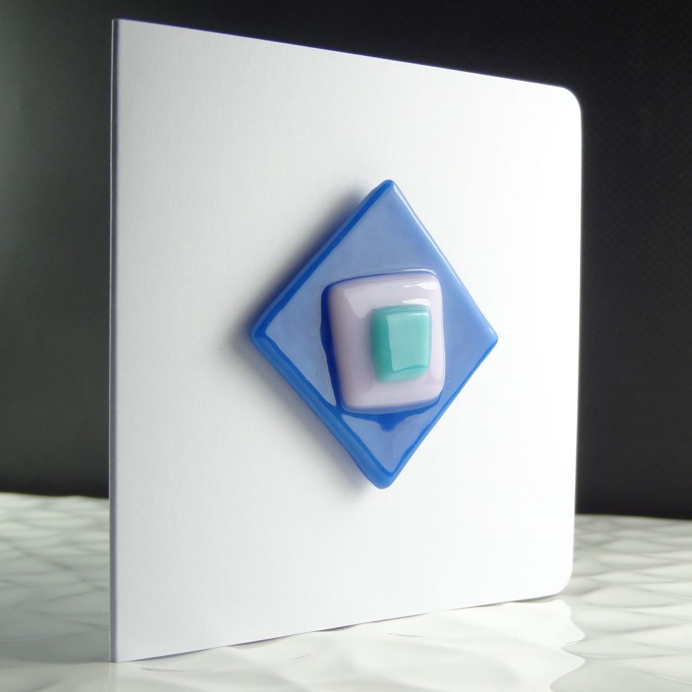 Handmade fused glass art greeting card & fridge magnet gift, any occasion, birthday ~ blue & white ~ 4 inch card, 1.5 inch (+/-) glass (#304)