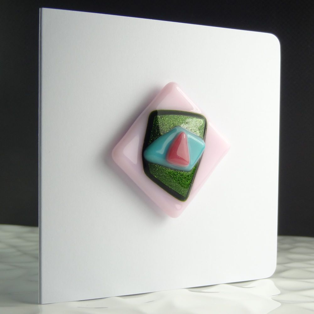 Handmade fused glass art greeting card & fridge magnet gift, any occasion, birthday ~ multi-coloured ~ 4 inch card, 1.5 inch (+/-) glass (#54)