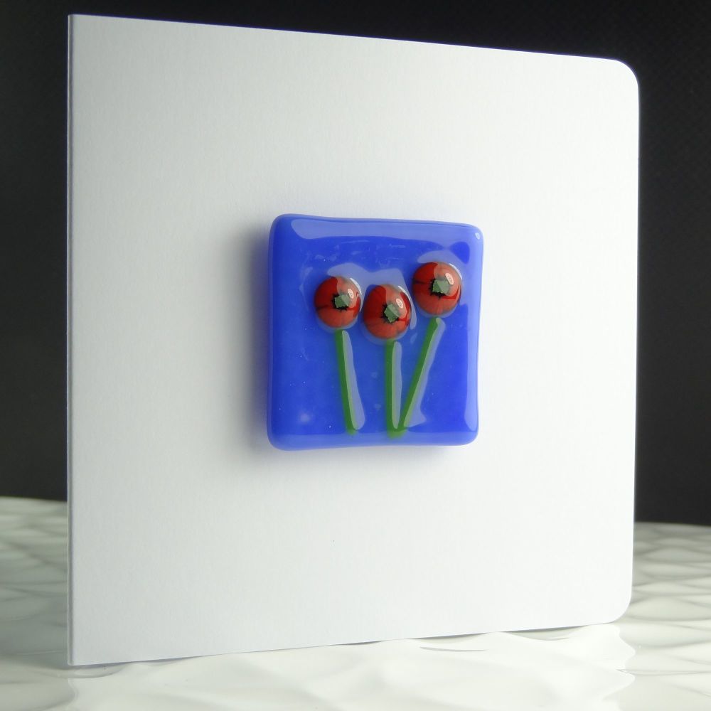 Red flowers floral poppies handcrafted fused glass art/fridge magnet blank 