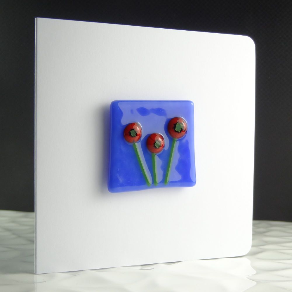 Red flowers floral poppies handcrafted fused glass art/fridge magnet blank 