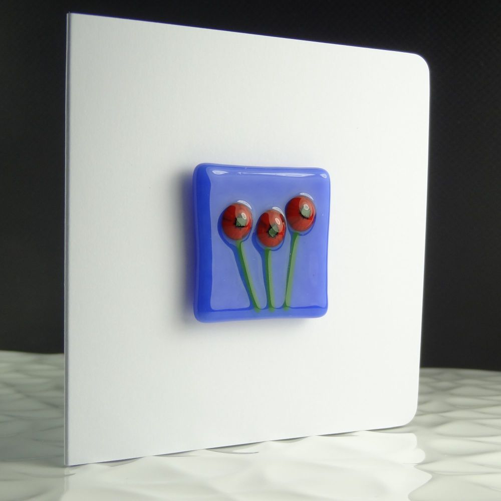 Red flowers floral poppies handcrafted fused glass art/fridge magnet blank 