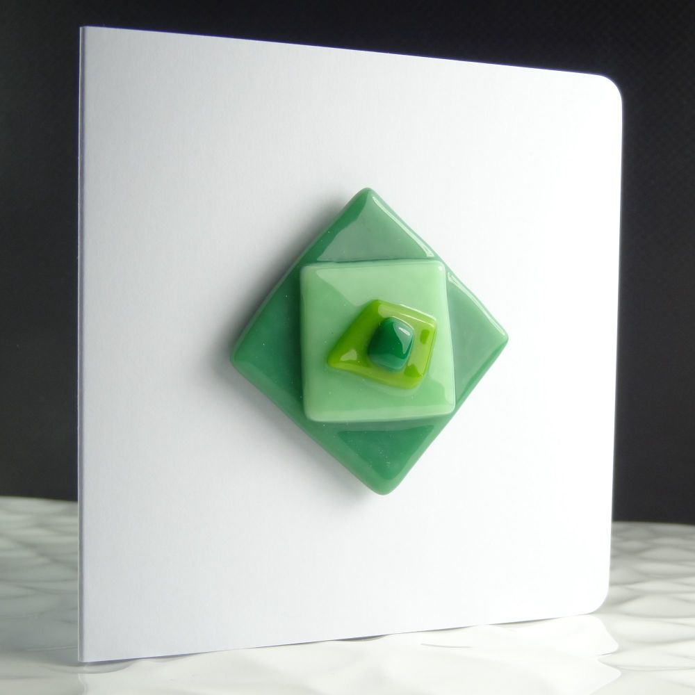 Handmade fused glass art greeting card & fridge magnet gift, any occasion, birthday ~ green ~ 4 inch card, 1.5 inch (+/-) glass (#335)