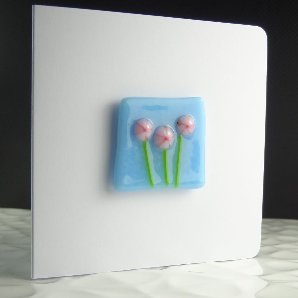 Handmade fused glass art greeting card & fridge magnet gift, any occasion, birthday ~ pink flowers floral ~ 4 inch card, 1.5 inch (+/-) glass (#311)