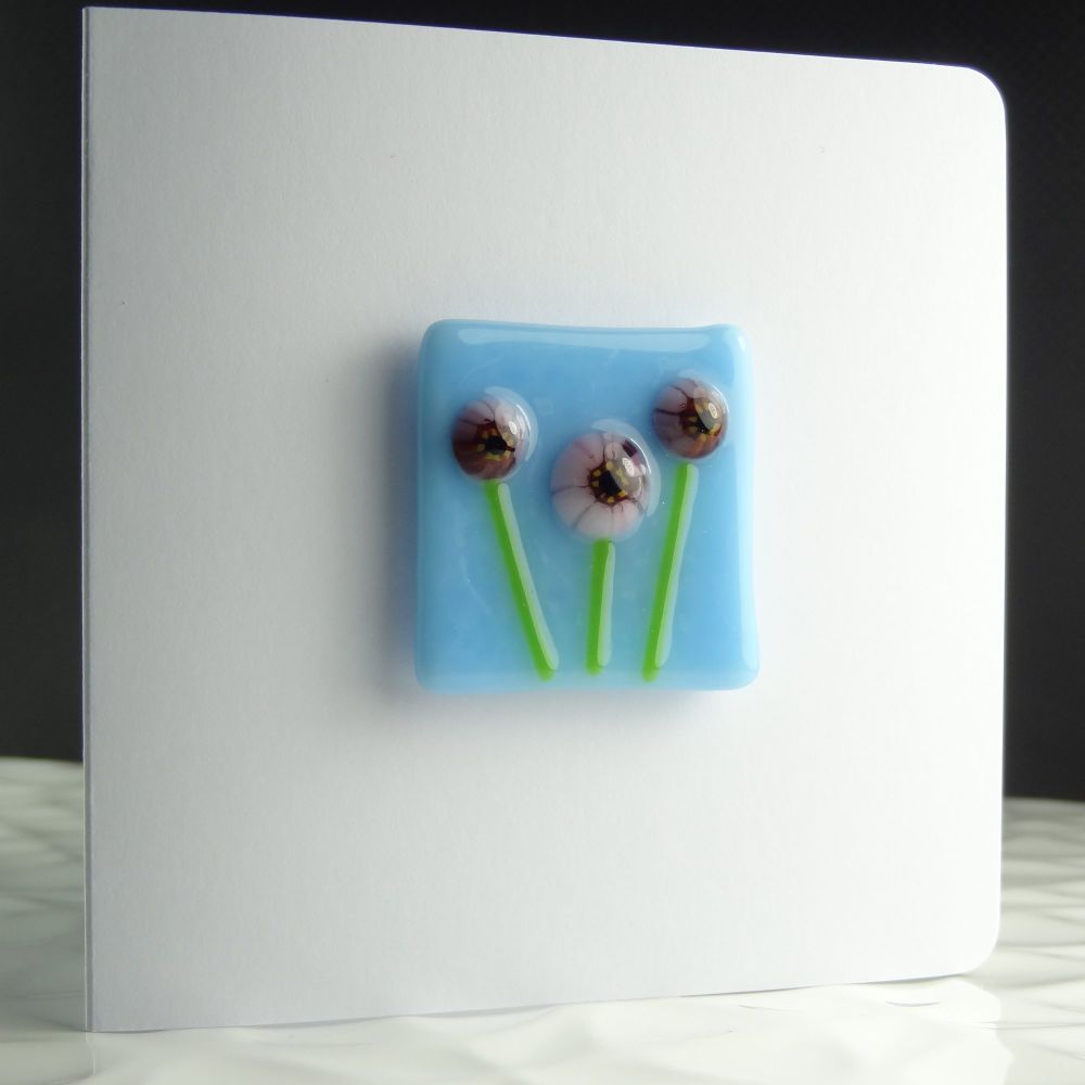 Handmade fused glass art greeting card & fridge magnet gift, any occasion, birthday ~ pink flowers floral ~ 4 inch card, 1.5 inch (+/-) glass (#312)