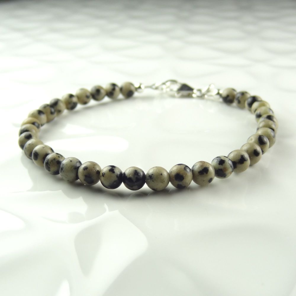 4mm (+/-) beige and black Dalmatian Jasper semi-precious stone & sterling silver beaded bracelet with lobster clasp, in a gift box