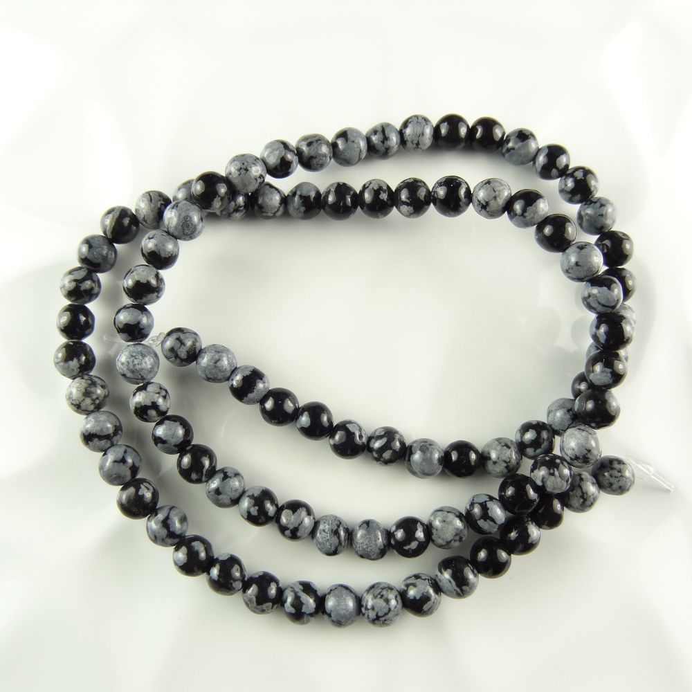 4mm (+/-) grey & black Snowflake Obsidian semi-precious stone & sterling silver fluted, hammered & faceted bead bracelet with lobster clasp, gift box