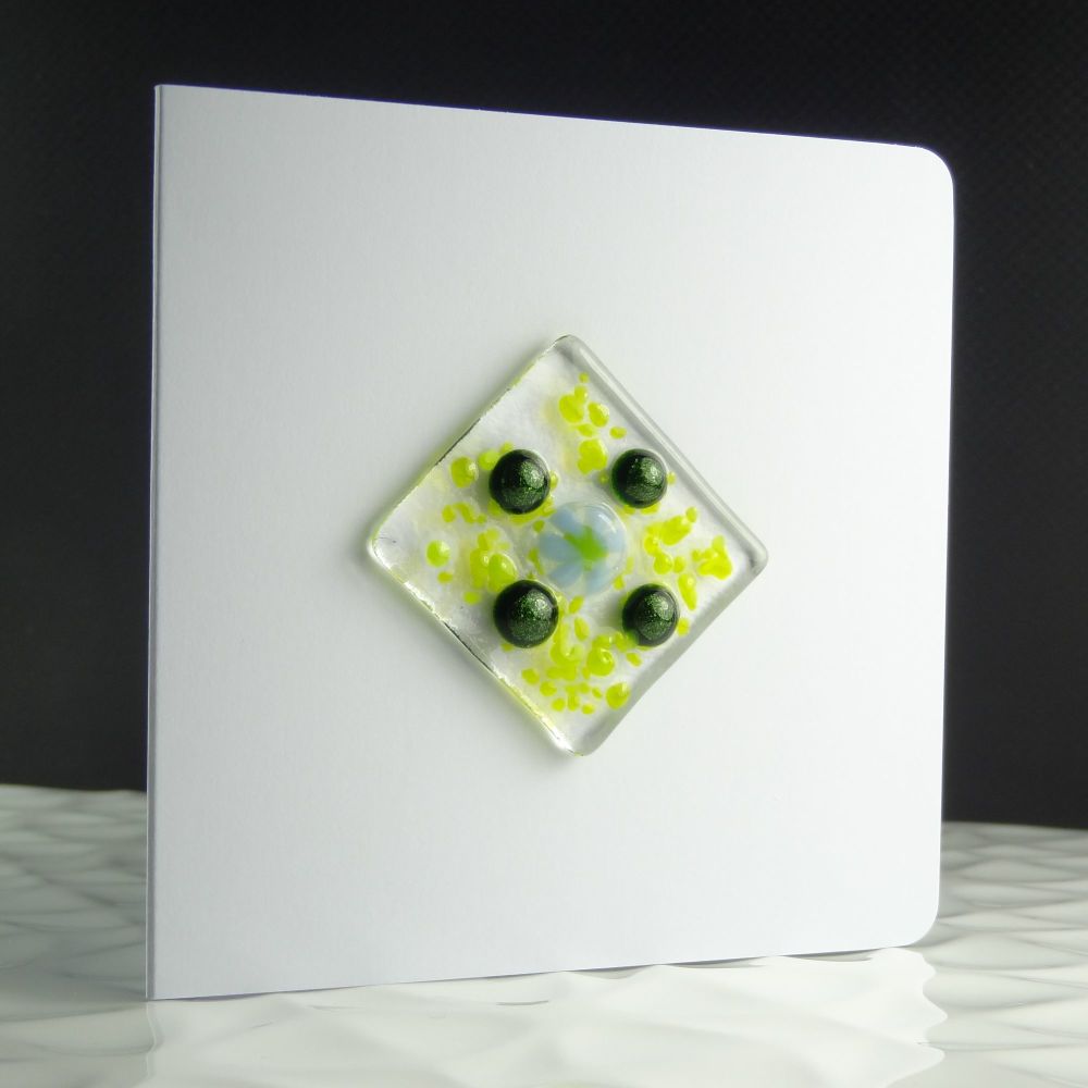 Green handcrafted fused glass art blank greeting card