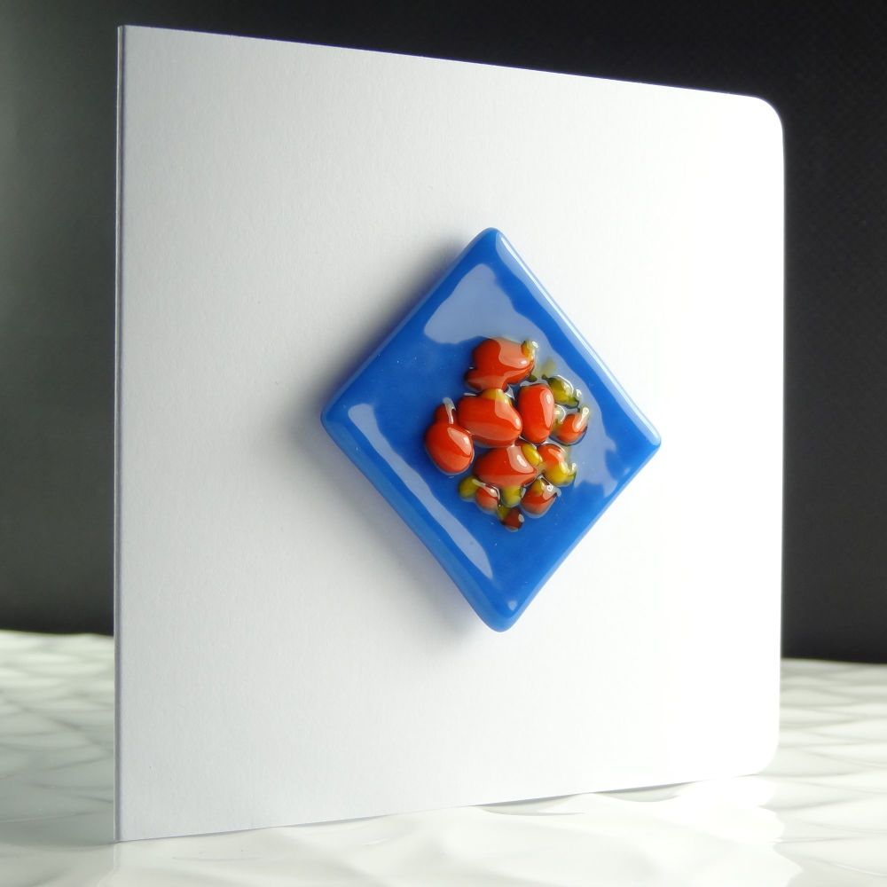 Handmade fused glass art greeting card & fridge magnet gift, any occasion, birthday ~ orange & blue ~ 4 inch card, 1.5 inch (+/-) glass (#113)