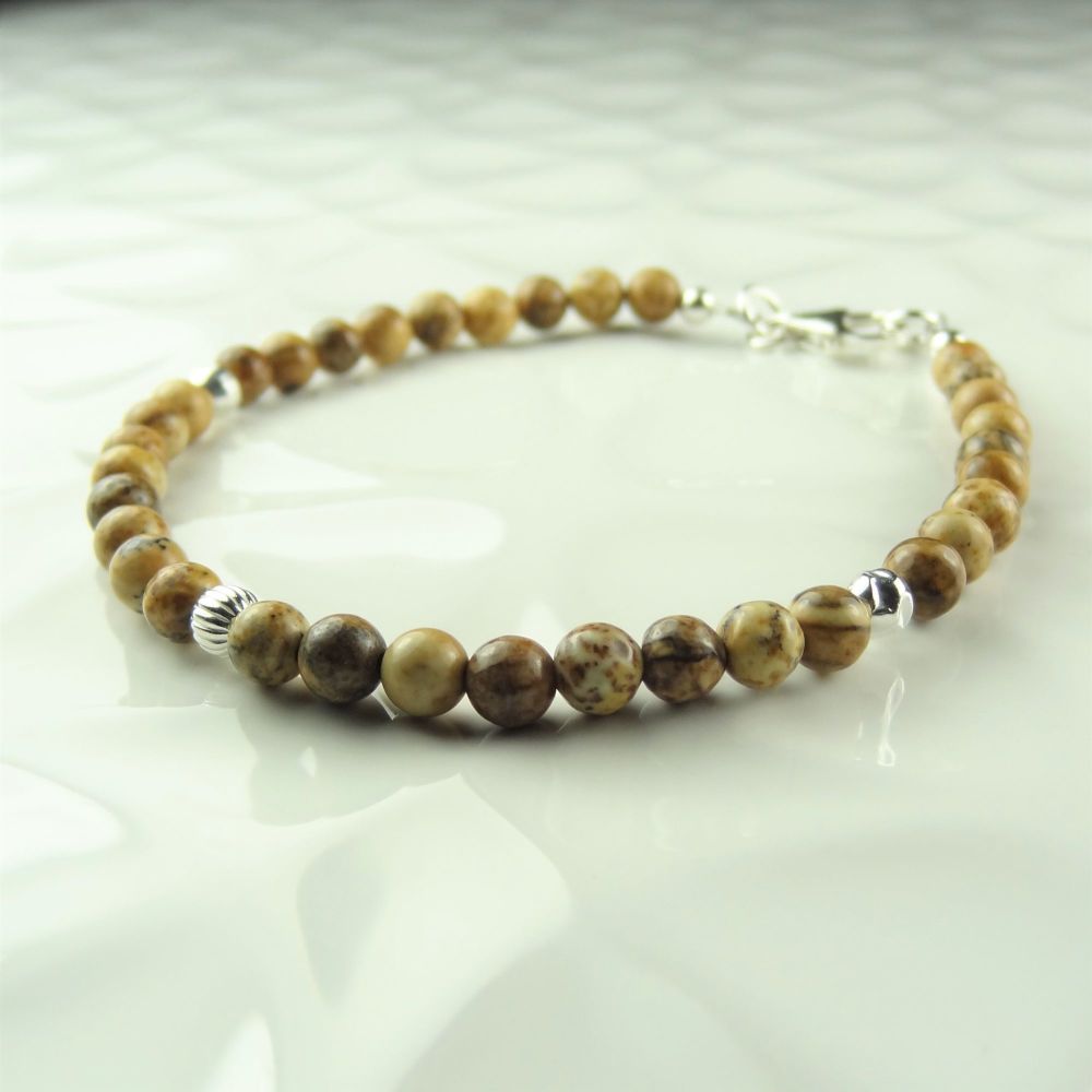 4mm (+/-) beige/brown Picture Jasper semi-precious stone & sterling silver fluted, hammered & faceted bead bracelet with lobster clasp, in a gift box