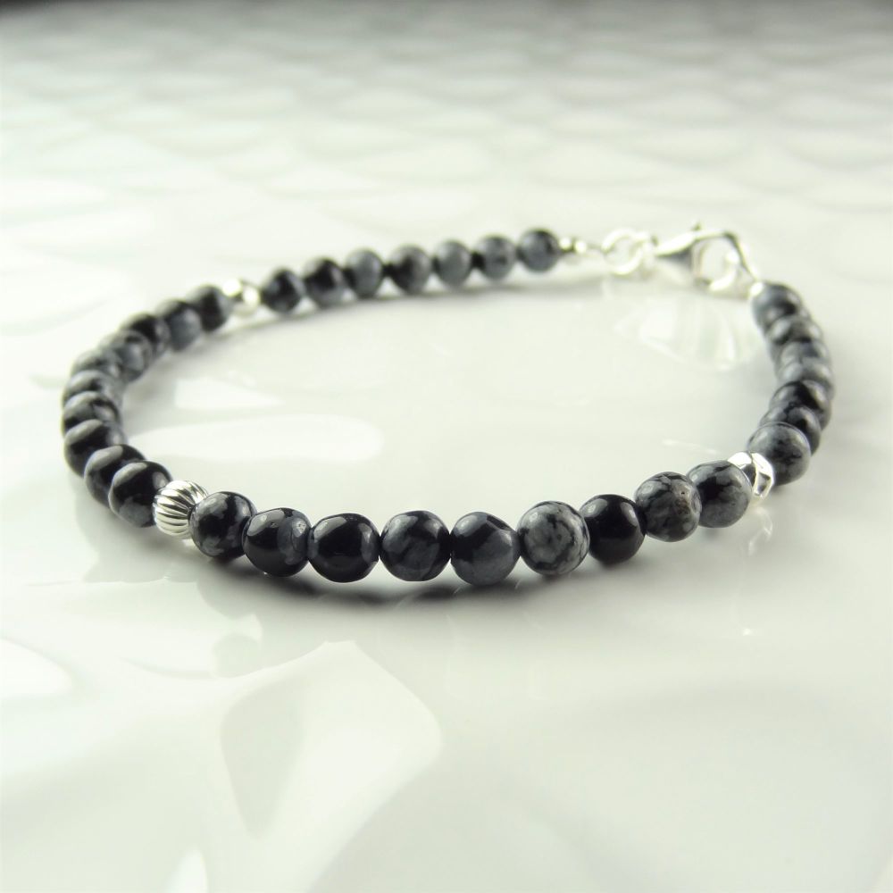 4mm (+/-) grey & black Snowflake Obsidian semi-precious stone & sterling silver fluted, hammered & faceted bead bracelet with lobster clasp, gift box