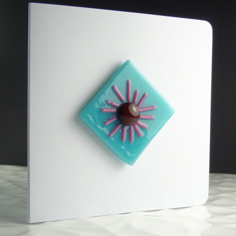 Pink & blue handcrafted fused glass art/fridge magnet blank greeting card