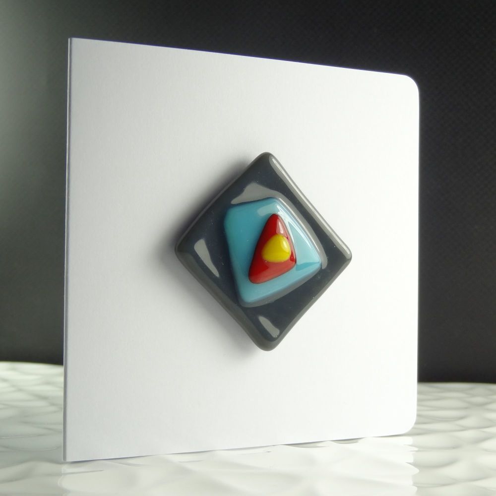 Handmade fused glass art greeting card & fridge magnet gift, any occasion, birthday ~ multi-coloured ~ 4 inch card, 1.5 inch (+/-) glass (#314)