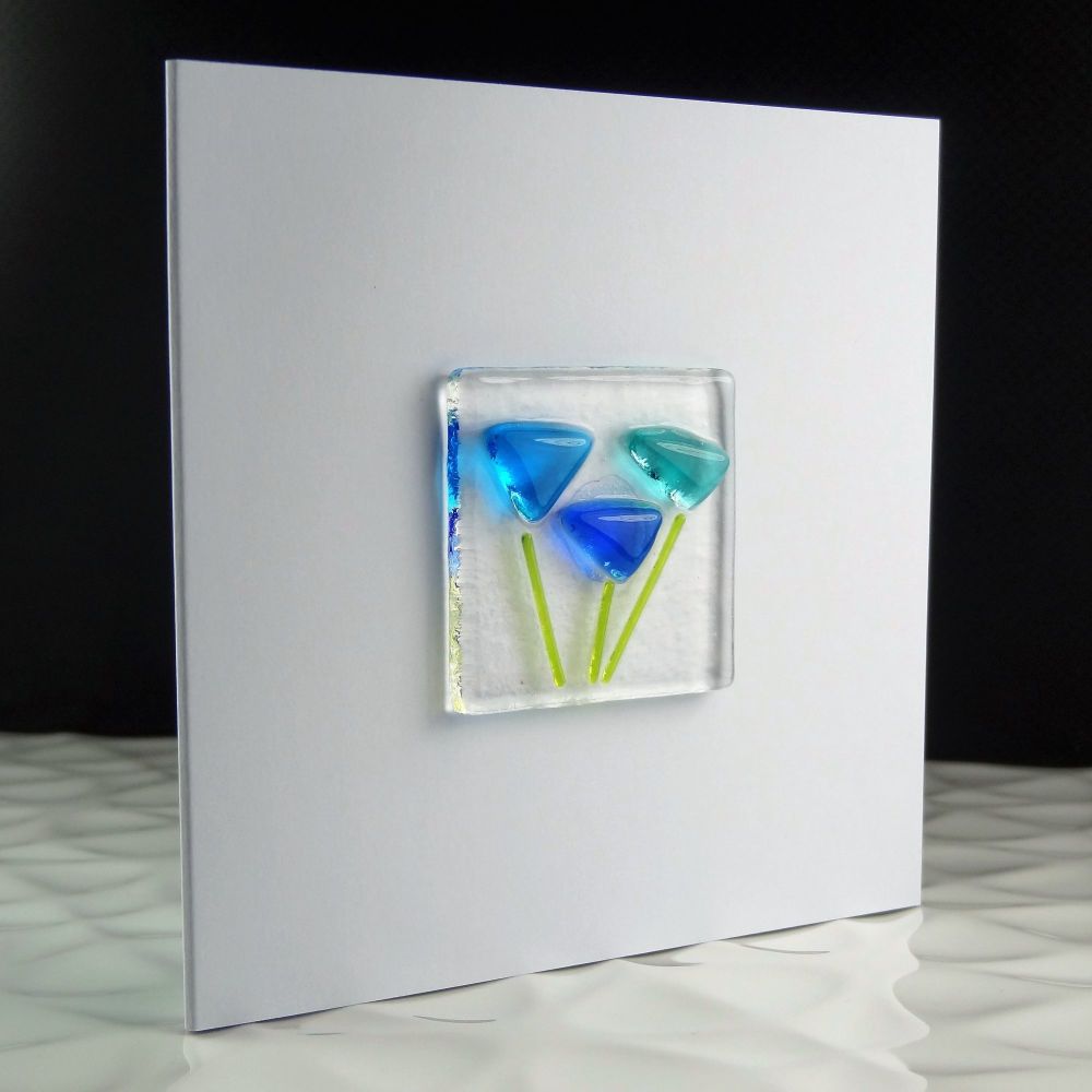 Handmade fused glass art greeting card, any occasion, birthday, blue flowers, floral ~ 4x4 inch card, 1.5 inch (+/-) glass (#1)