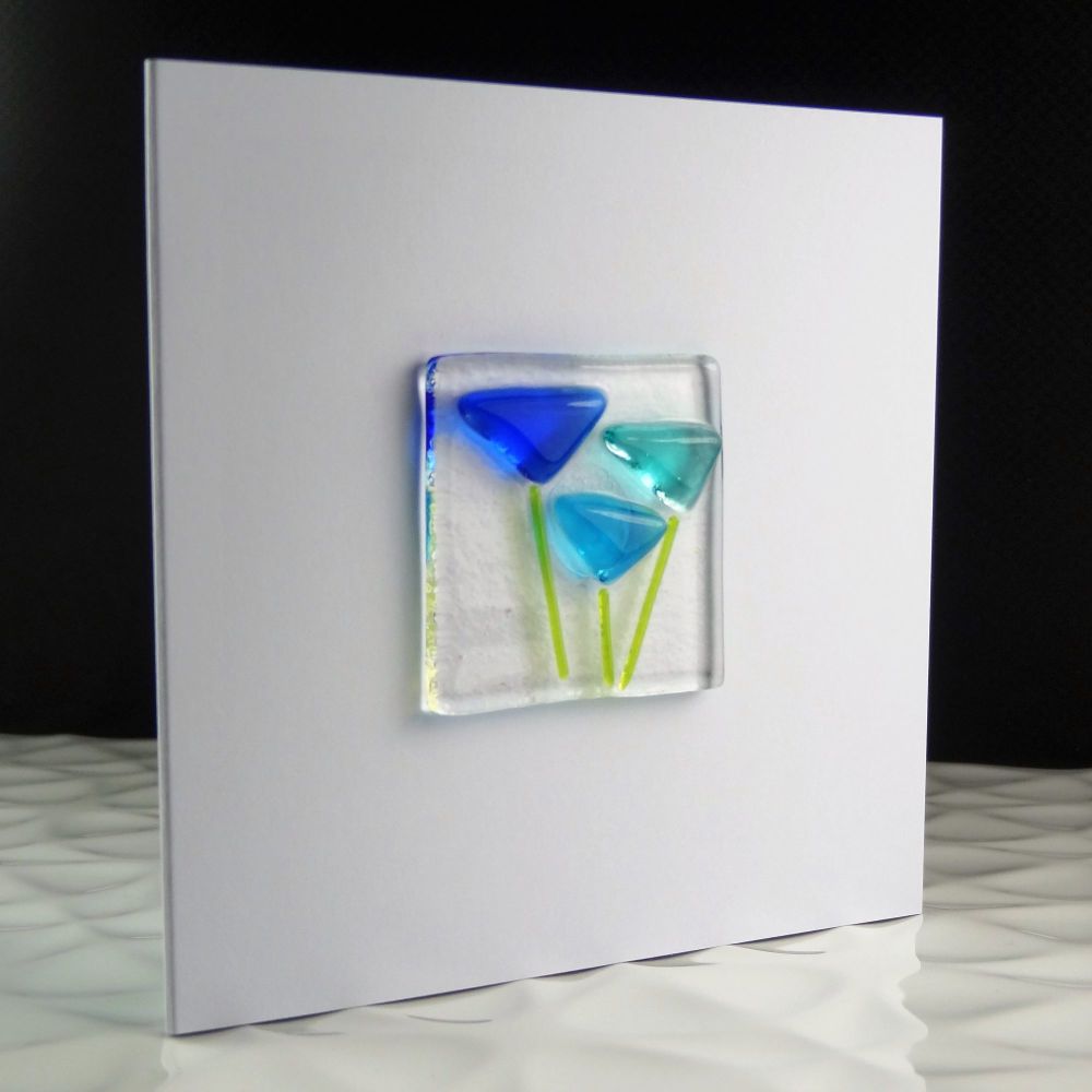 handmade blue flowers fused glass art greeting card, any occasion birthday