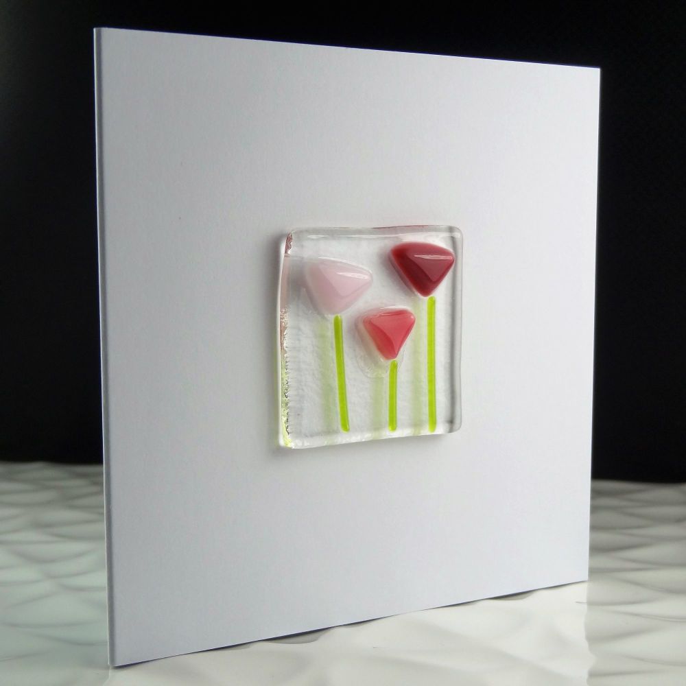 Handmade fused glass art greeting card, any occasion, birthday, pink flowers, floral ~ 4x4 inch card, 1.5 inch (+/-) glass (#13)