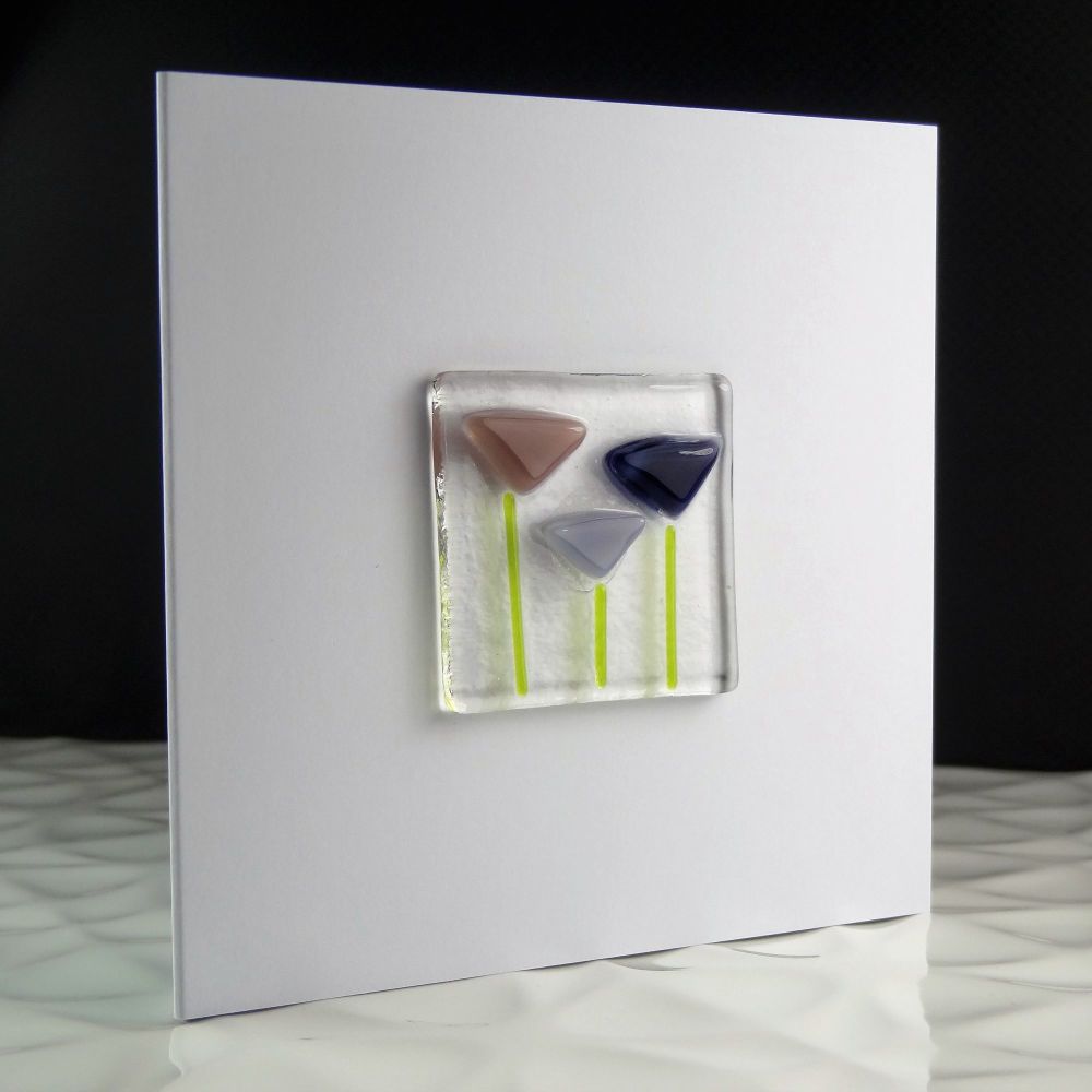 Purple handmade fused glass art greeting card, any occasion, birthday