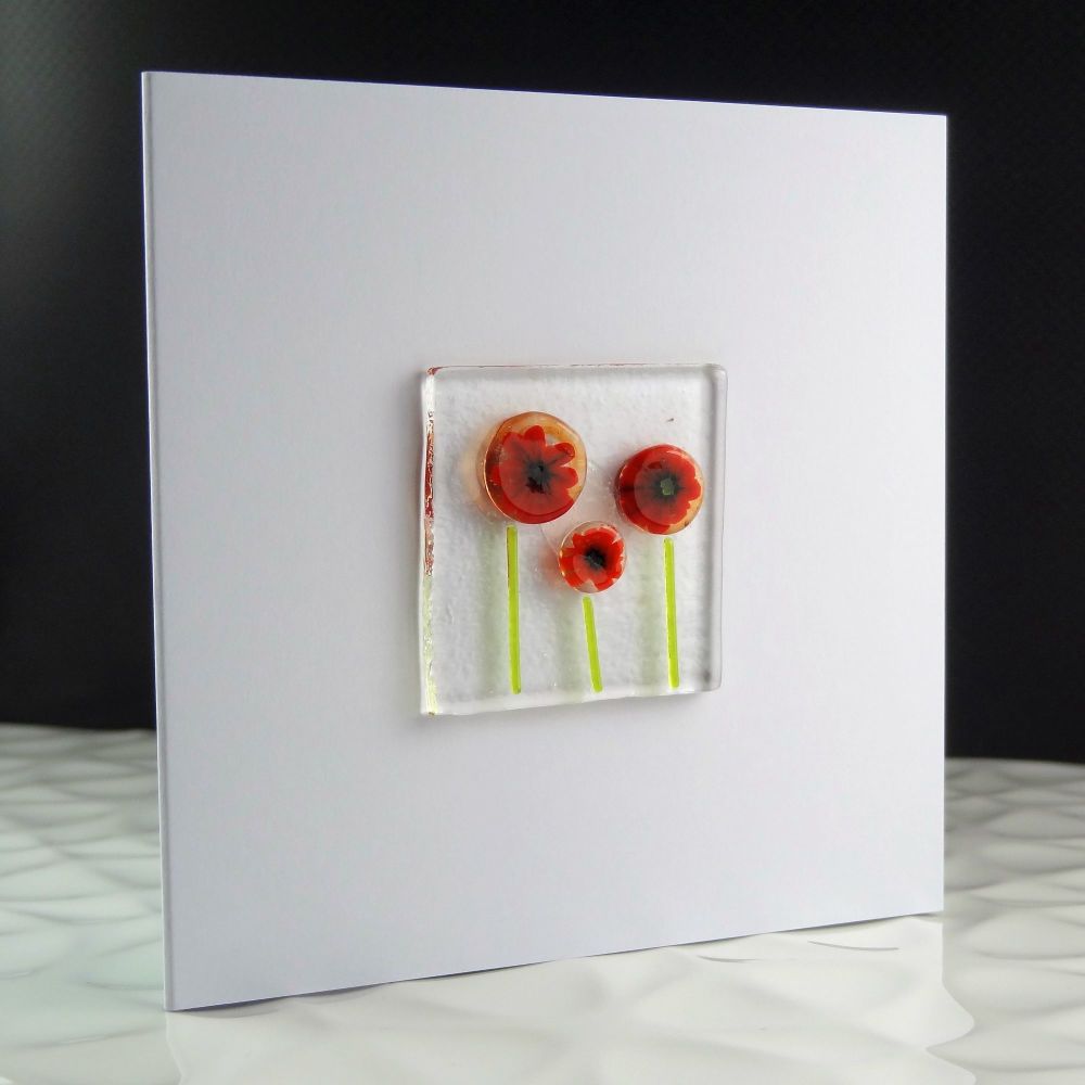 Handmade fused glass art greeting card, any occasion, birthday, red poppy flowers ~ 4x4 inch card, 1.5 inch (+/-) glass (#20)