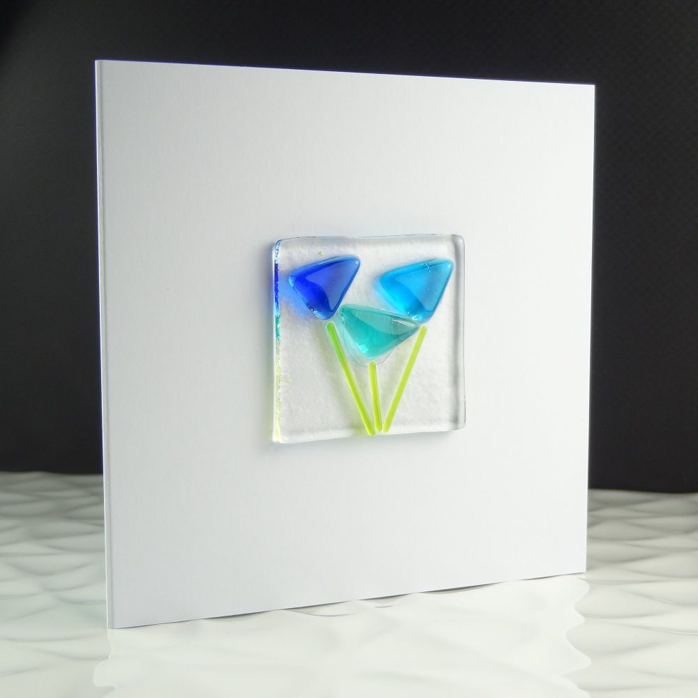 Handmade fused glass art greeting card, any occasion, birthday, blue flower