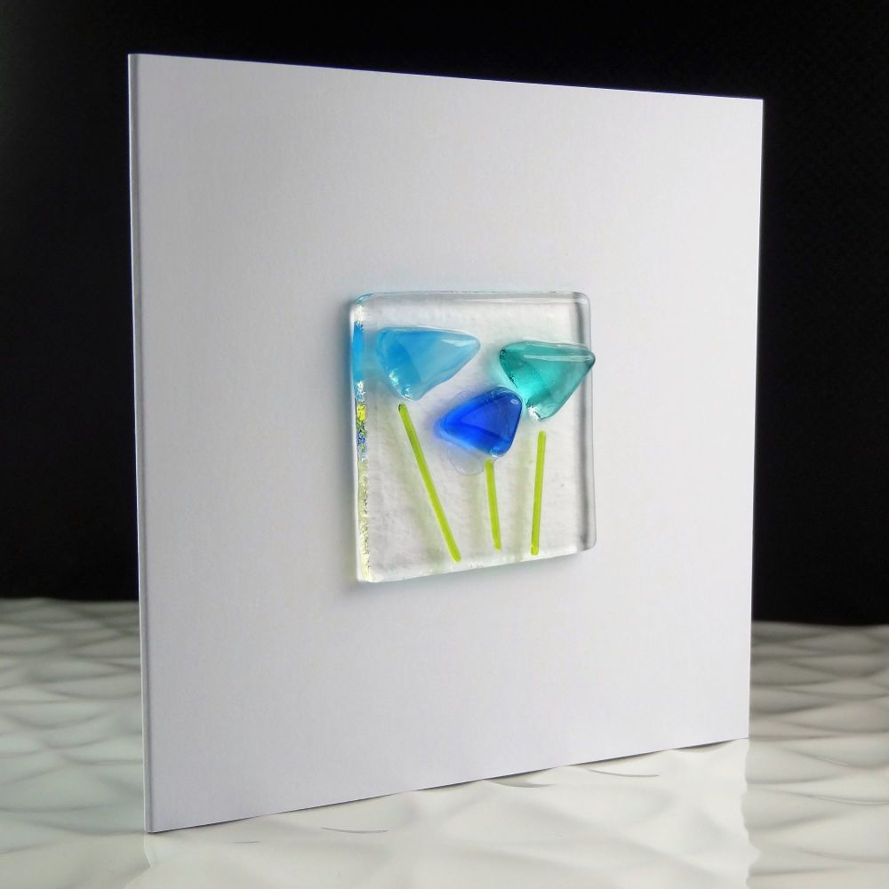 Handmade fused glass art greeting card, any occasion, birthday, blue flower