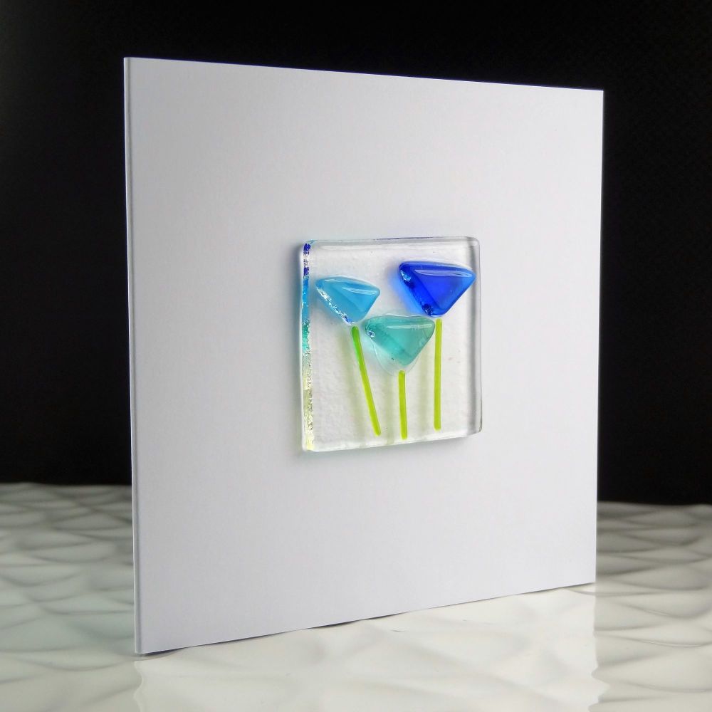 Handmade fused glass art greeting card, any occasion, birthday, blue flower