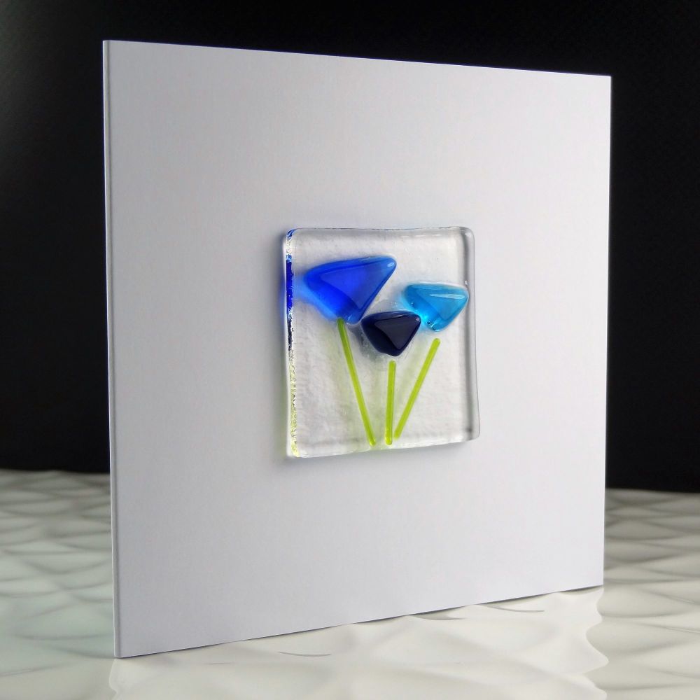 Handmade fused glass art greeting card, any occasion, birthday, blue flower