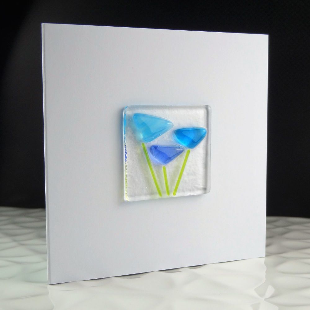 Handmade fused glass art greeting card, any occasion, birthday, blue flowers, floral ~ 4x4 inch card, 1.5 inch (+/-) glass (#7)