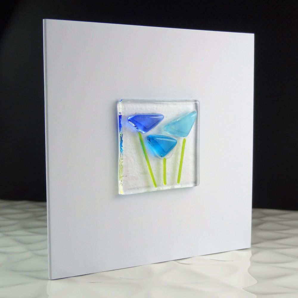 Handmade fused glass art greeting card, any occasion, birthday, blue flowers, floral ~ 4x4 inch card, 1.5 inch (+/-) glass (#8)