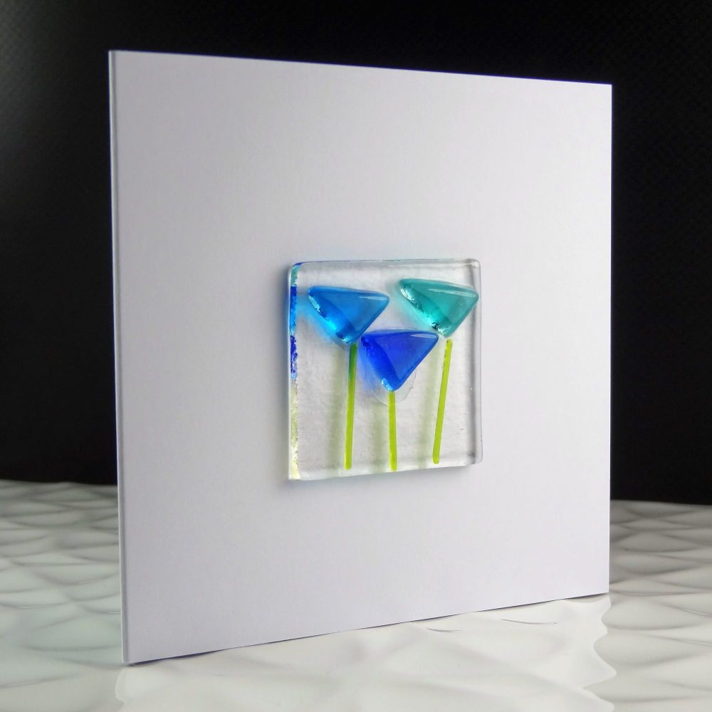 Handmade fused glass art greeting card, any occasion, birthday, blue flower