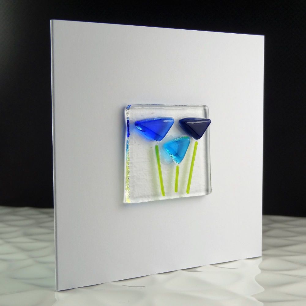 Handmade fused glass art greeting card, any occasion, birthday, blue flowers, floral ~ 4x4 inch card, 1.5 inch (+/-) glass (#10)