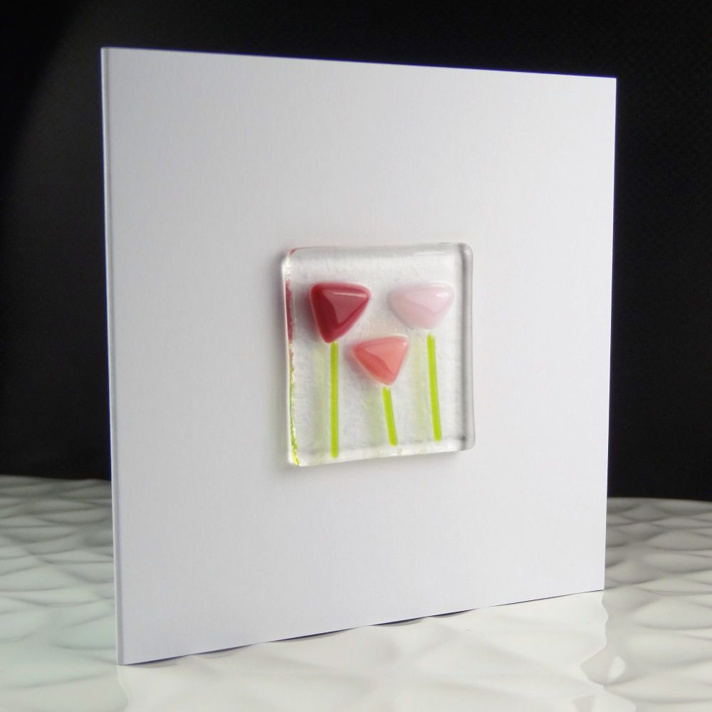 Handmade fused glass art greeting card, any occasion, birthday, pink flowers, floral ~ 4x4 inch card, 1.5 inch (+/-) glass (#14)