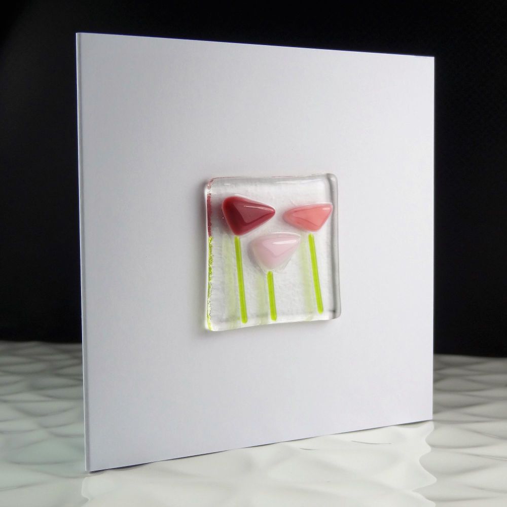 Handmade fused glass art greeting card, any occasion, birthday, pink flower