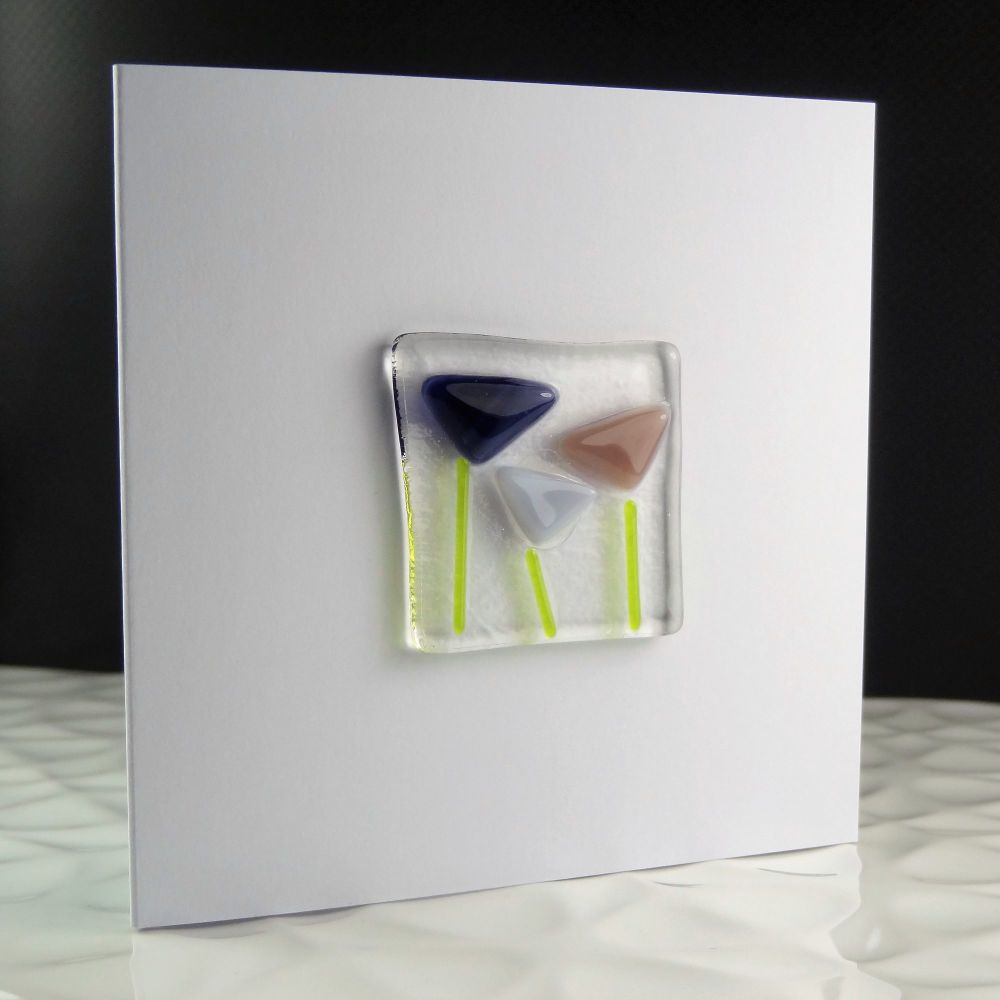 Handmade fused glass art greeting card, any occasion, birthday, purple flow